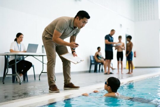 Ein professioneller Schwimmtrainer steht fokussiert am Beckenrand. Im Hintergrund zeigen weitere Fachkräfte die Bandbreite der Jobs im Schwimmsport.