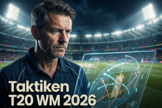 Ein fokussierter Cricket-Trainer analysiert komplexe Spielerstrategien auf einem digitalen Taktik-Bildschirm für die Taktiken T20 WM 2026, im Hintergrund ein Stadion.