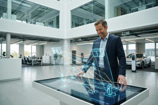 Ingenieur blickt auf ein Display in einem Atrium, das die gewerkeübergreifende Gebäudeautomation von Klima, Licht und Sicherheit vernetzt darstellt.