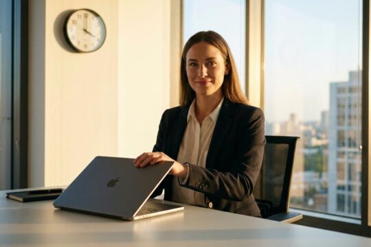 Eine selbstbewusste Frau schließt um 18 Uhr ihren Laptop in einem modernen Büro. Sie hat ihre Vollzeit in 6 Stunden erfolgreich gemeistert und lächelt zufrieden.