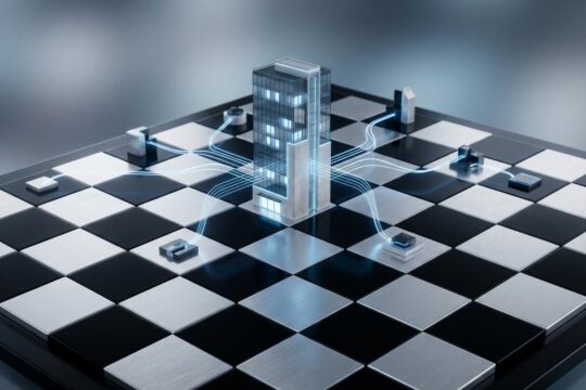Ein stilisiertes Schachbrett mit einem modernen Gebäude symbolisiert die MachineGames Strategie. Leuchtende Linien zeigen Synergien und das strategische Gesamtbild.