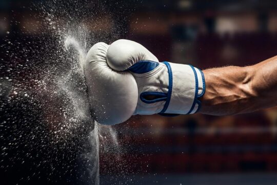 Eine muskulöse Faust im Boxhandschuh erzeugt einen explosiven Aufprall mit Wasserspritzern, der die Ryan Garcia Schlagkraft im Weltergewicht darstellt.