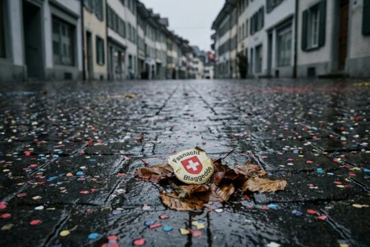 Regennasse Kopfsteinpflasterstrasse in Dornach mit nassem Konfetti und einem Fasnachts-Pin am Boden; der Dornacher Fasnachtsumzug ist abgesagt.
