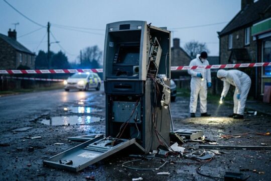 Ein zerstörter Geldautomat mit herausgerissener Verkleidung nach der Geldautomatensprengung Olzheim. Kriminaltechniker arbeiten am abgesperrten Tatort.