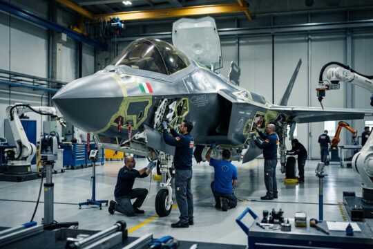 Ingenieure und Roboter montieren präzise eine halbfertige F-35 in einer hochmodernen europäischen Fabrikhalle. Dies ist die F-35 Produktion in Europa.