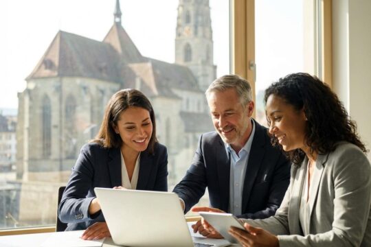 Kollegen arbeiten engagiert in einem modernen Büro am Laptop. Die Kathedrale St. Niklaus von Freiburg im Hintergrund zeigt Arbeitsmöglichkeiten im Kanton Freiburg.