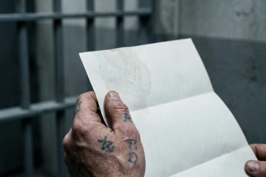 In einer kargen Gefängniszelle hält eine Häftlingshand einen Brief, dessen verfärbte Oberfläche auf Drogenschmuggel im Gefängnis hindeutet.