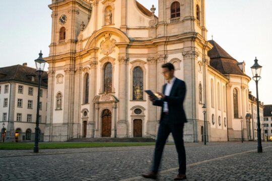 Abendlicher Blick auf die Stiftskirche St. Gallen. Im Vordergrund geht eine Person mit Tablet vorbei, stellvertretend für Aktuelle News St.Gallen.