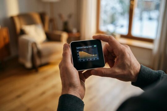 Hände bedienen präzise einen modernen digitalen Heizungsregler. Das Display zeigt eine optimierte Heizkurve, um die Heizkurve richtig einstellen und Heizkosten senken.