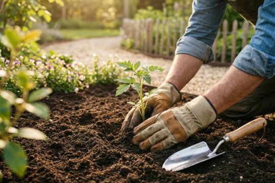 Professionelle Hände pflanzen einen grünen Setzling in Erde. Ein motivierender Beginn, um sich als Landschaftsgärtner selbstständig zu machen.