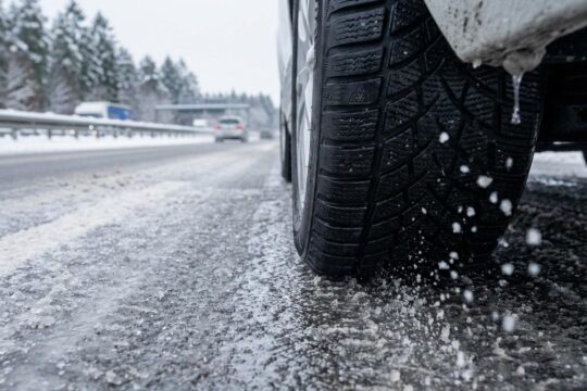 Moderner Winterreifen mit Alpine-Symbol und Lamellenprofil auf nasser Fahrbahn mit Schneematsch. Zeigt die Relevanz der Winterreifen Pflicht Deutschland.
