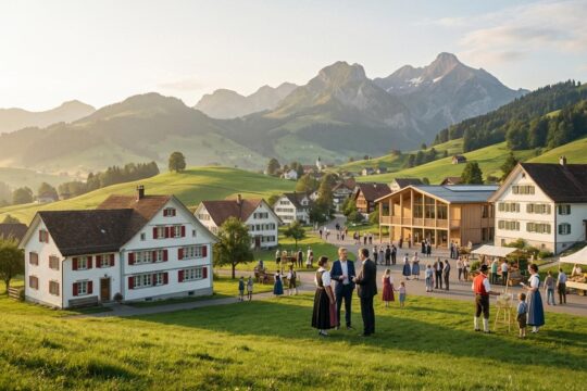 Das Aktuelle Appenzellerland: Grüne Hügel mit Bauernhäusern, belebte Dorfszene und majestätische Berge im warmen Morgenlicht.