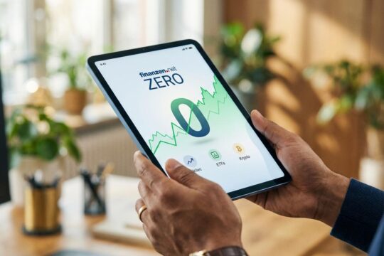 Hand hält Tablet mit finanzen.net ZERO App, die grüne Diagramme und eine große "0" für gebührenfreien Handel zeigt. Ideal für unseren finanzen.net ZERO Test.