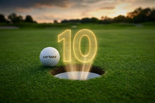 LIV Golfball am Loch, aus dem eine "10" als Hologramm ragt. Es visualisiert die schwer erreichbaren LIV Golf Weltranglistenpunkte auf einem luxuriösen Grün im Abendlicht.