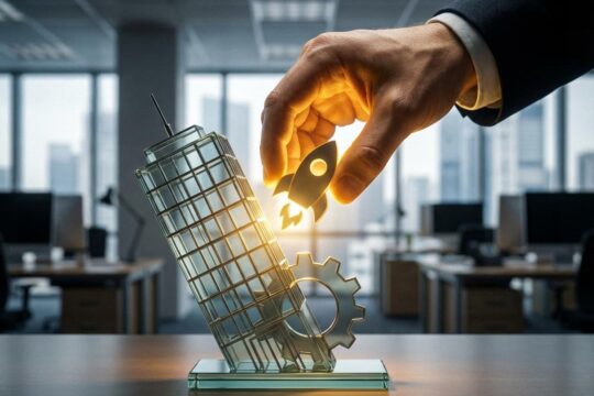 Eine entschlossene Hand stabilisiert ein kippendes, golden leuchtendes Startup-Symbol im Bürohintergrund, was die Startup finanzielle Rettung darstellt.