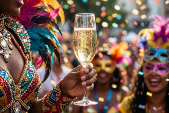 Eine Hand im bunten Kostüm hält ein Glas mit goldener, sprudelnder Flüssigkeit. Sie genießt fröhlichen Karneval ohne Alkohol im Festgetümmel.