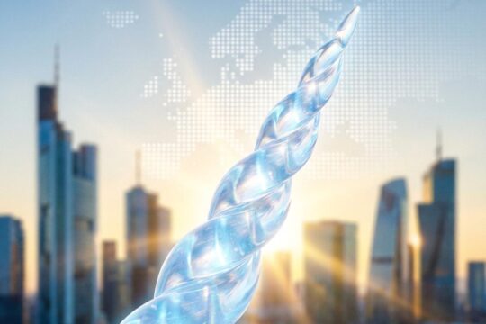 Ein leuchtendes, opalisierendes Unicorn-Horn ragt vor einer modernen europäischen Skyline bei Sonnenaufgang empor, symbolisch für neue europäische Unicorns und zukunftsweisende Innovation.