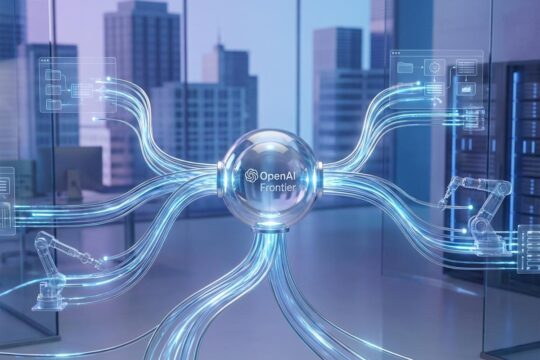 Helles Netz blauer Bahnen um einen Knotenpunkt. So integrieren OpenAI Frontier KI-Agents nahtlos Unternehmensprozesse.