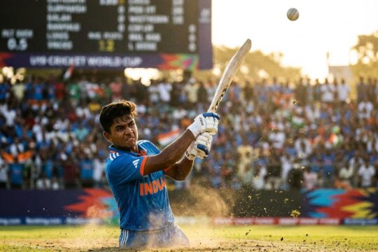 Vaibhav Suryavanshi im U19 World Cup: Der indische Spieler schlägt den Cricketball dynamisch für einen Sixer ins volle Stadion, umrahmt von Gegenlicht.
