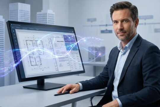 Ein Bauleiter nutzt einen Touchscreen-Monitor, der Baupläne und Verträge mit einer dynamischen KI-Visualisierung zeigt. Dies veranschaulicht moderne KI im Dokumentenmanagement Bau.