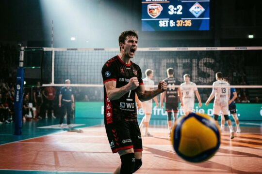 BR Volleys Sieg gegen Friedrichshafen: Ein Spieler jubelt mit erhobenen Fäusten. Sein schweißnasses Gesicht strahlt Triumph aus.