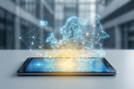 Ein elegantes Smartphone zeigt ein leuchtendes digitales Netzwerk in Blau-Gelb, das die europäische Landkarte formt. Eine europäische Social Media Alternative.