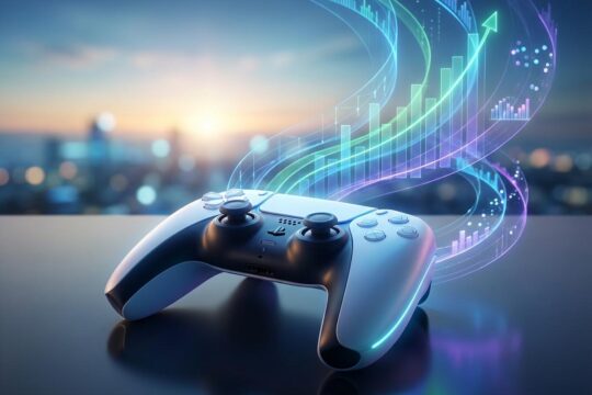 Ein futuristischer Gamecontroller auf spiegelndem Grund, von dem leuchtende Datenströme als Zeichen für die dynamische Konsolenmarkt Entwicklung aufsteigen.