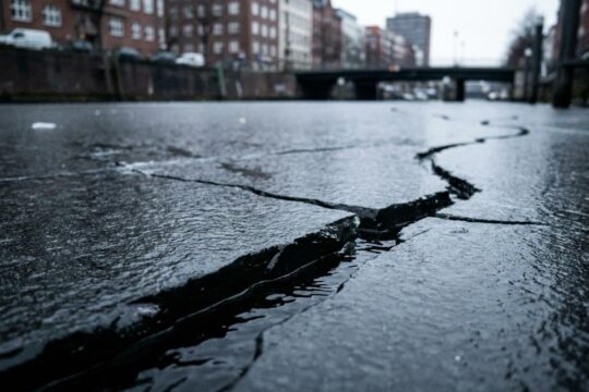 Nahaufnahme rissiger Eisflächen auf einem Hamburger Kanal mit bedrohlich schimmerndem Wasser, verdeutlicht die Gefahr Eisflächen Hamburg.