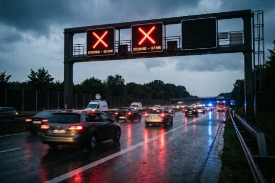 Autos fahren auf einer nassen Autobahn bei Dämmerung unter einem großen, leuchtend roten 'X' auf einer Schilderbrücke durch. Wer das Rote Kreuz ignoriert, riskiert hohe Strafen.