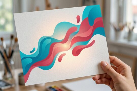 Nahaufnahme: Eine Hand hält Kunstpapier mit einer beeindruckenden, fließenden digitalen Grafik in Blau-Türkis und Rosa-Rot, die sich elegant auf dem Papier entfaltet.