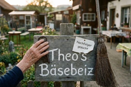 Eine ältere Hand legt einen Schlüssel auf das Holzschild von 'Theo's Bäsebeiz' mit 'Nachfolger gesucht'-Zettel. Der Nachfolger Bäsebeiz Trimbach wird erwartet.