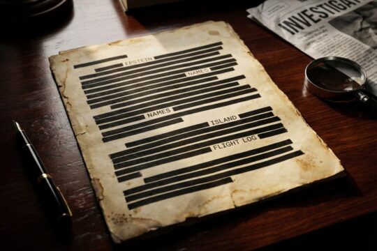 Ein vergilbtes Dokument auf dunklem Holzschreibtisch, dessen brisante Details der Epstein Akten durch dicke Zensurbalken verdeckt sind. Einzelne Wörter sind noch erkennbar.