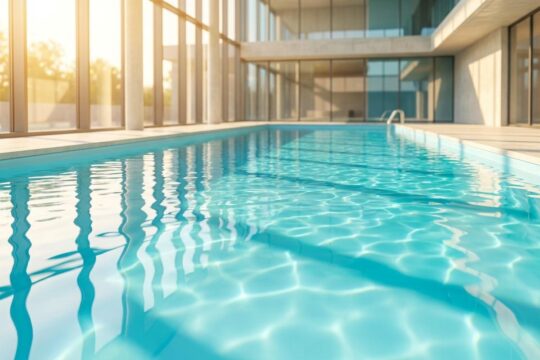 Das Aquatoll Neckarsulm erstrahlt in neuem Glanz für die Wiedereröffnung: ein sonnenverwöhntes Schwimmbecken mit moderner Architektur.