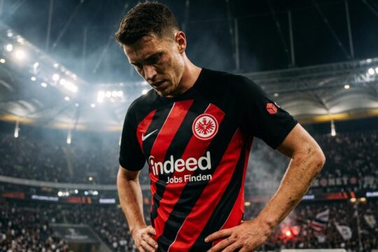 Riera, Eintracht Frankfurt Spieler, nachdenklich und enttäuscht im Abendspiel. Das Debüt endet dramatisch, Adler-Logo prominent vor Flutlicht.