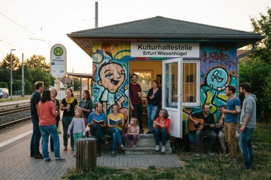 Abendliche Szene an der Kulturhaltestelle Erfurt Wiesenhügel: Ein buntes Bungalow mit Graffiti-Fassade und belebtem Vorplatz nahe den Gleisen.