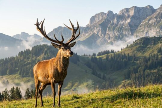 Majestätischer Rothirsch auf Appenzeller Wiese vor dem Säntis, Symbol für gesunde Wildbestände und die Jagdsaison Appenzell Innerrhoden.