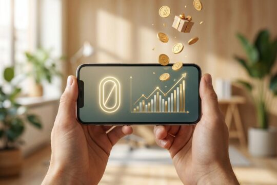 Geschlechtsneutrale Hände halten ein Smartphone, dessen Bildschirm den finanzen.net ZERO Startbonus mit aufsteigenden Goldmünzen und einem "0"-Symbol darstellt.