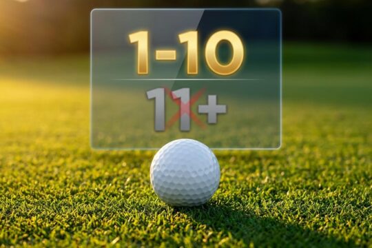 Golfball auf grünem Putting Green; im Hintergrund zeigt ein Ranking-Display die umstrittenen LIV Golf Weltranglistenpunkte, Top-10 golden, Plätze ab 11 mit rotem X durchkreuzt.