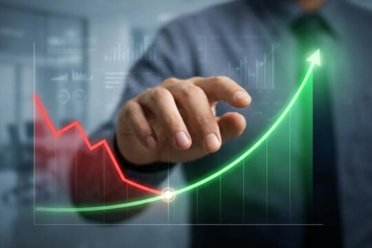 Eine Hand steuert einen Finanzgraph, dessen rote Verlustlinie sich in einen leuchtend grünen Aufwärtstrend wandelt – ein gelungener Startup finanzieller Turnaround.