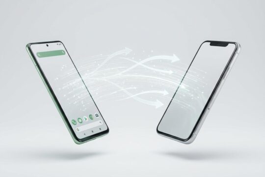 Zwei moderne Smartphones (Android und iPhone) tauschen Daten über einen leuchtenden Strom aus, der den nahtlosen Dateiaustausch Android iOS symbolisiert.