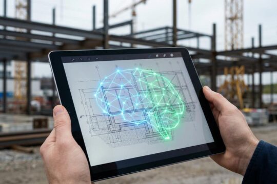 Tablet mit Bauplan, intelligent beleuchtet durch KI-Linien, symbolisiert die Effizienz von KI im Dokumentenmanagement Bau auf Baustellen.