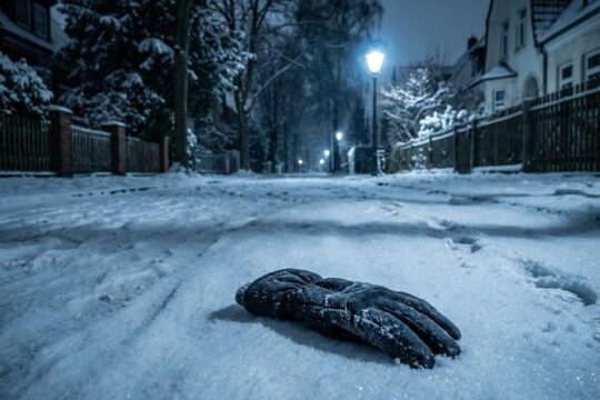Ein dunkler Winterhandschuh liegt verlassen auf verschneiter Straße in Hamburg-Eißendorf bei Nacht, Schauplatz eines tödlichen Angriffs.