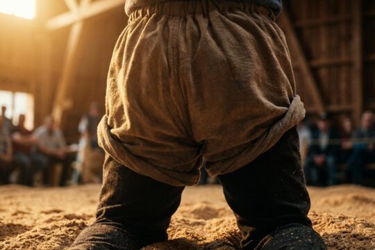 Die robuste Zwilchhose eines Schwingers im Sägemehlring. Goldenes Licht betont die Details des Stoffes beim Lichtmess-Schwinget Gais zum Saisonstart.