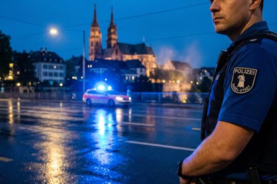 Nahaufnahme: Basler Polizist mit ernstem Blick. Blaue Lichter auf nassem Asphalt vor dem beleuchteten Münster symbolisieren Polizeimeldungen Basel.