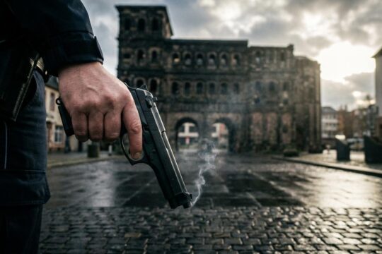 Die angespannte Hand eines Polizisten hält nach der Schussabgabe Polizei Trier eine gesenkte Pistole vor der imposanten Porta Nigra.