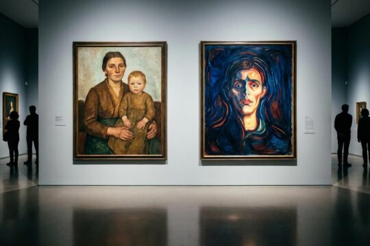 Die Ausstellung Modersohn-Becker Munch Dresden zeigt den Dialog von ruhiger Frauenfigur und verzerrtem Gesicht.