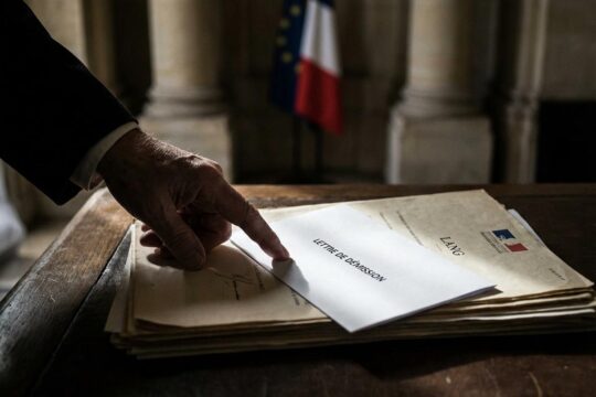 Ein Finger ruht auf Dokumenten und einem Rücktrittsschreiben auf einem Holzschreibtisch. Thema: Ermittlungen gegen Jack Lang.