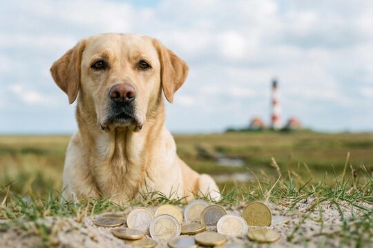 Ein nachdenklicher Labrador-Mischling sitzt vor Euro-Münzen und einem Leuchtturm an der Küste. Dies verdeutlicht die finanzielle Verantwortung der Hundesteuer Schleswig-Holstein.