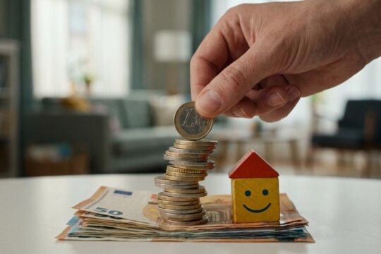 Eine Hand legt eine Euromünze auf einen wachsenden Geldstapel, der ein kleines Kinderspielzeug überragt und die steigenden Kita-Gebühren in Baden-Württemberg verdeutlicht.