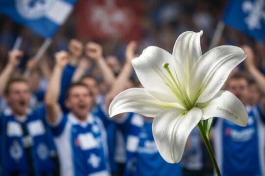 Leuchtende weiße Lilie im Fokus, symbolisiert den Darmstadt Sieg gegen Kaiserslautern, mit jubelnden Fans in blauen Trikots im unscharfen Hintergrund.